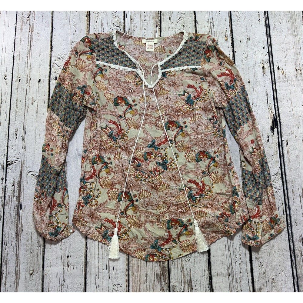 Sundance Floral Multicolor V-Neck Long Sleeve Rayon Tassel Lightweight Top Boho